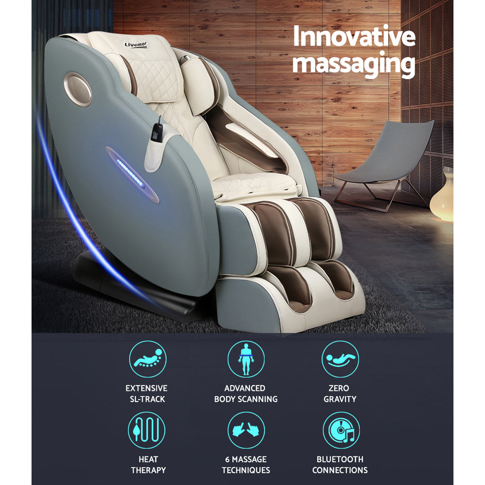 Fitlybuy Deluxe massage chair, grey and cream, with ComfortWave technology and 6 key massage feature icons.
