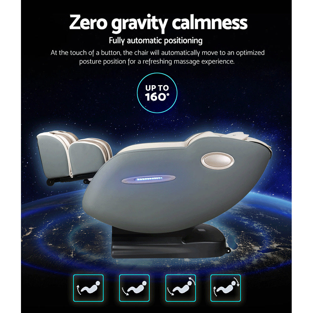 Fitlybuy Deluxe massage chair in gray and white with 160-degree zero gravity reclining feature against a space background.