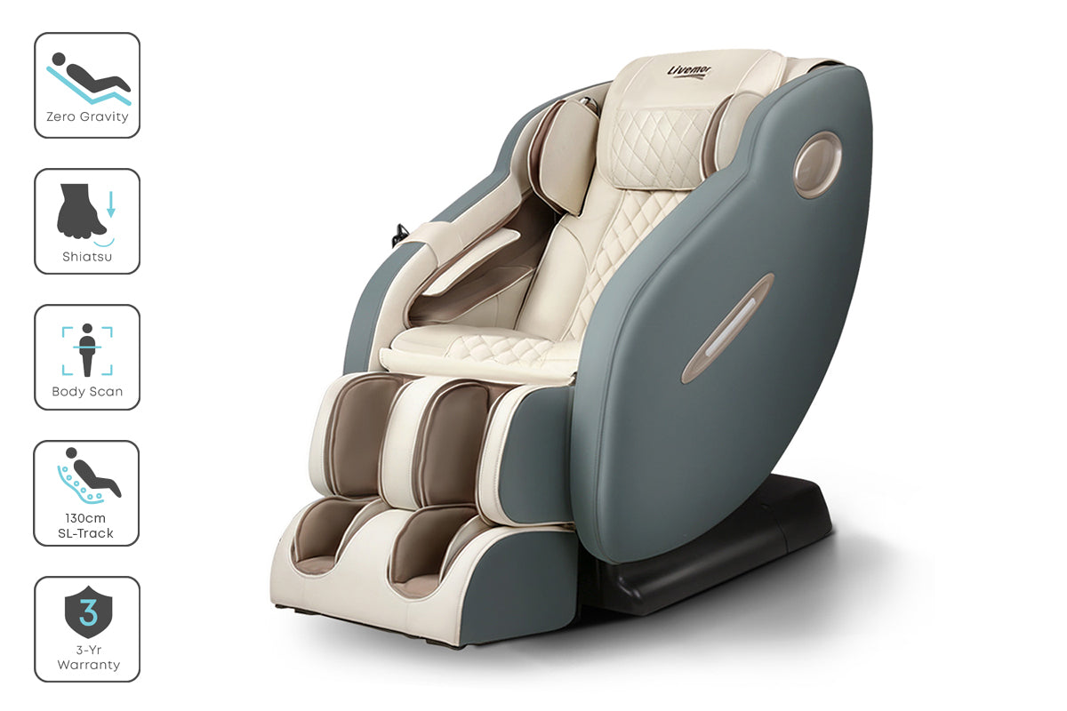 Fitlybuy blue and beige massage chair with ComfortWave technology and icons highlighting zero gravity and shiatsu.