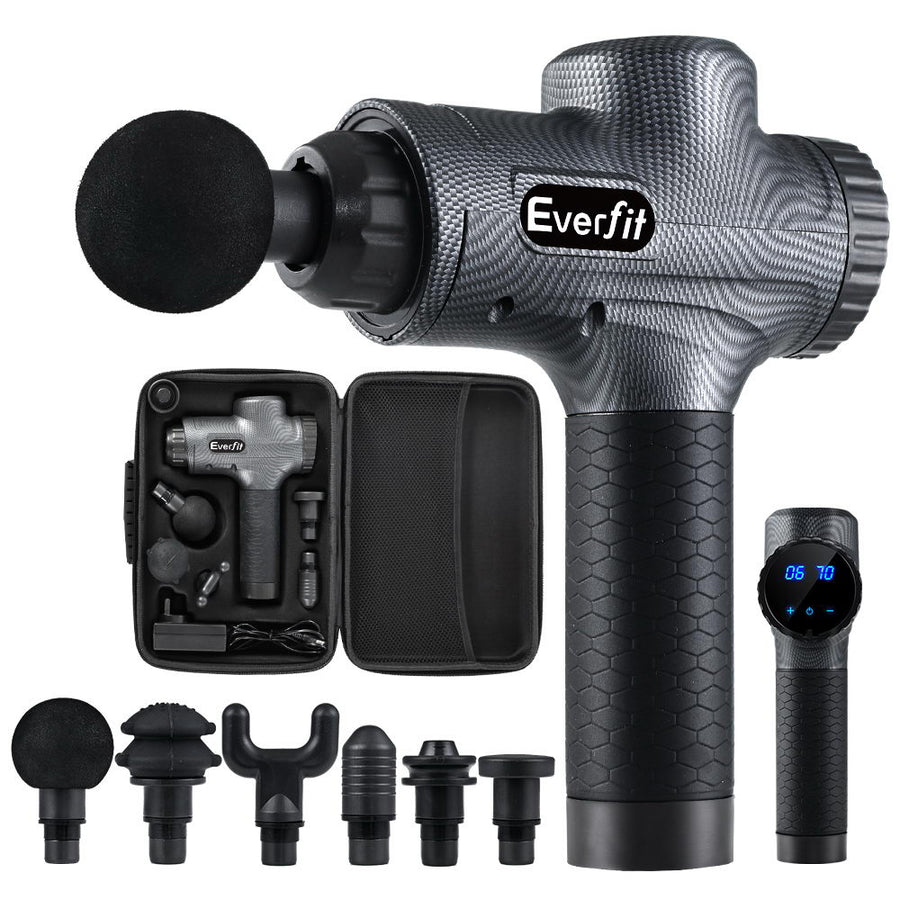 Black Everfit massage gun with carbon fiber finish, 30 speeds, 6 heads, digital display, and a storage case.