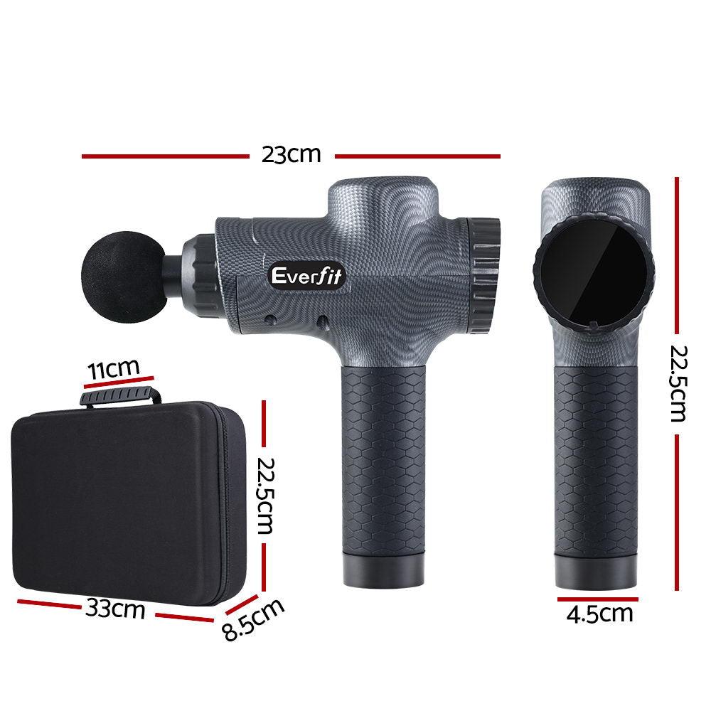 Massmaster Everfit grey massage gun with textured grip, black carrying case, and dimension labels.