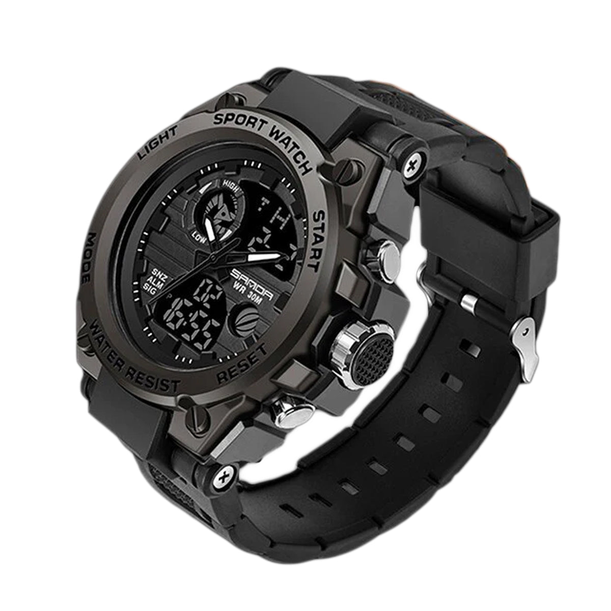 Fitlybuy TitanGuard black military men's watch featuring a rugged analog-digital display and durable silicone strap.