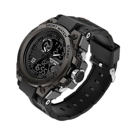 Fitlybuy TitanGuard black military men's watch featuring a rugged analog-digital display and durable silicone strap.