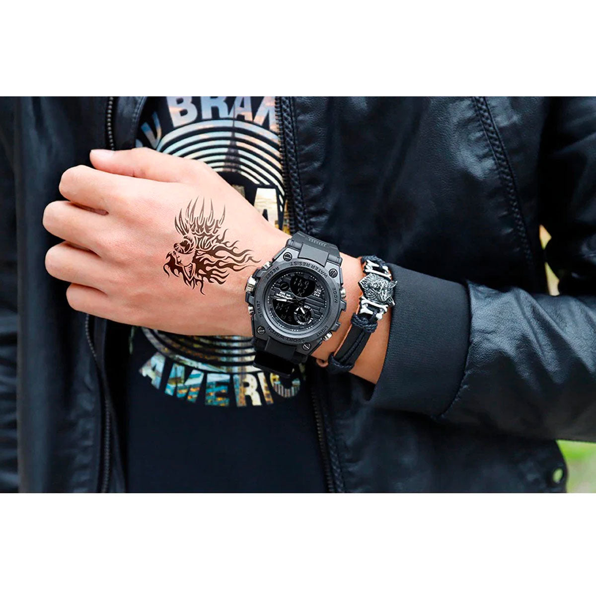Fitlybuy TitanGuard black analog-digital military watch on a person’s wrist with a tattoo and leather jacket.
