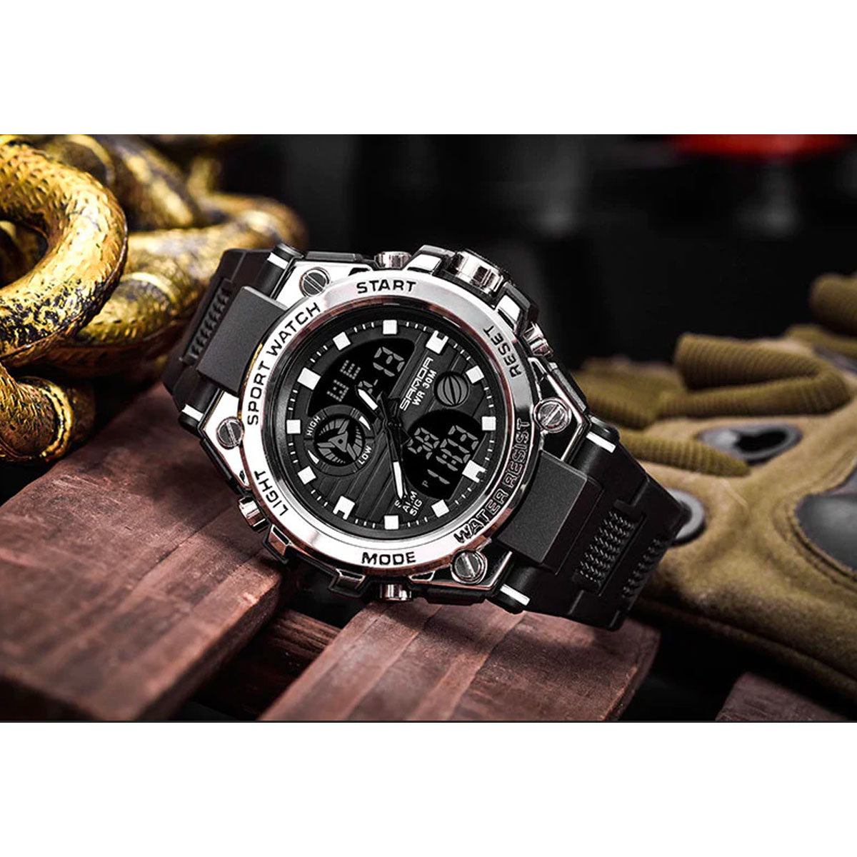 Fitlybuy TitanGuard: A rugged black and silver analog-digital military watch on a wooden surface with tactical gear.