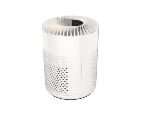 White cylindrical Fitlybuy MIRAKLASS air purifier with 3-speed HEPA filtration technology and side-intake vents.