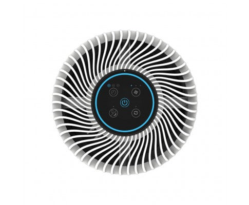 Top view of white and black Fitlybuy MIRAKLASS air purifier with circular touch control panel and 3-speed settings.