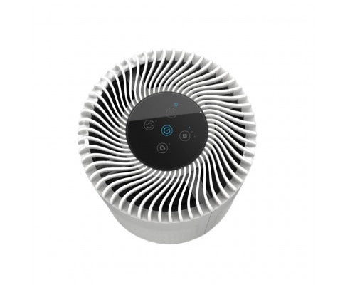 Top-down view of a white, circular MIRAKLASS 3-speed HEPA air purifier with a sleek, glowing black touch interface.