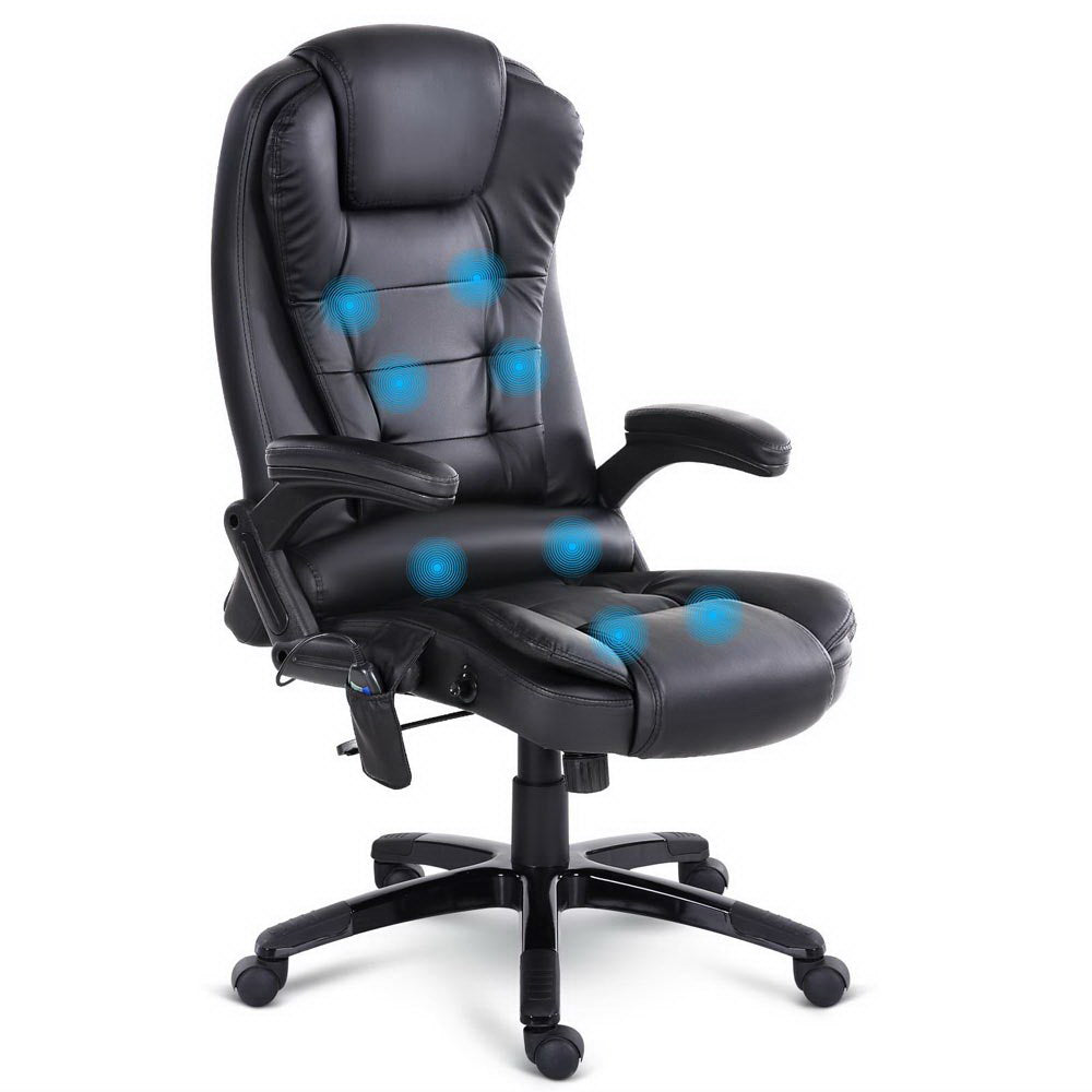 Fitlybuy Ulrich black leather office chair with 8 heated massage zones highlighted by blue glowing dots.