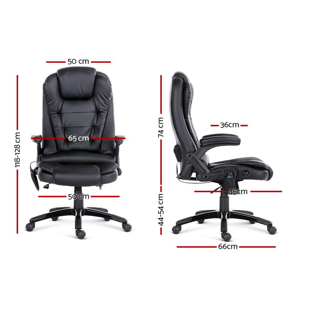 Fitlybuy Ulrich black leather heated massage office chair with 8 zones, showing front and side dimensions in cm.