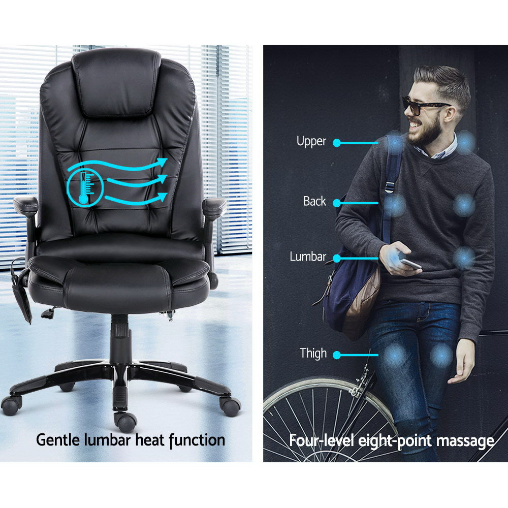 Fitlybuy Ulrich black office chair with lumbar heat and 8-zone massage, showing features and a man using the massage.