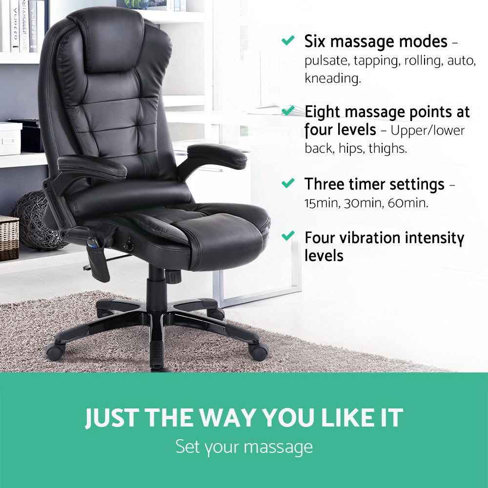 Black leather Fitlybuy Ulrich heated massage office chair with 8 zones, shown in a modern home office setting.