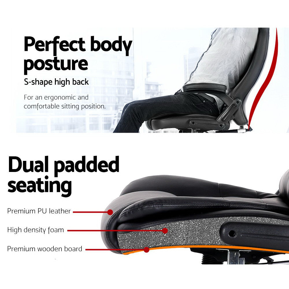 Fitlybuy Ulrich black leather office chair showing ergonomic S-back design and dual-padded seat with foam construction.