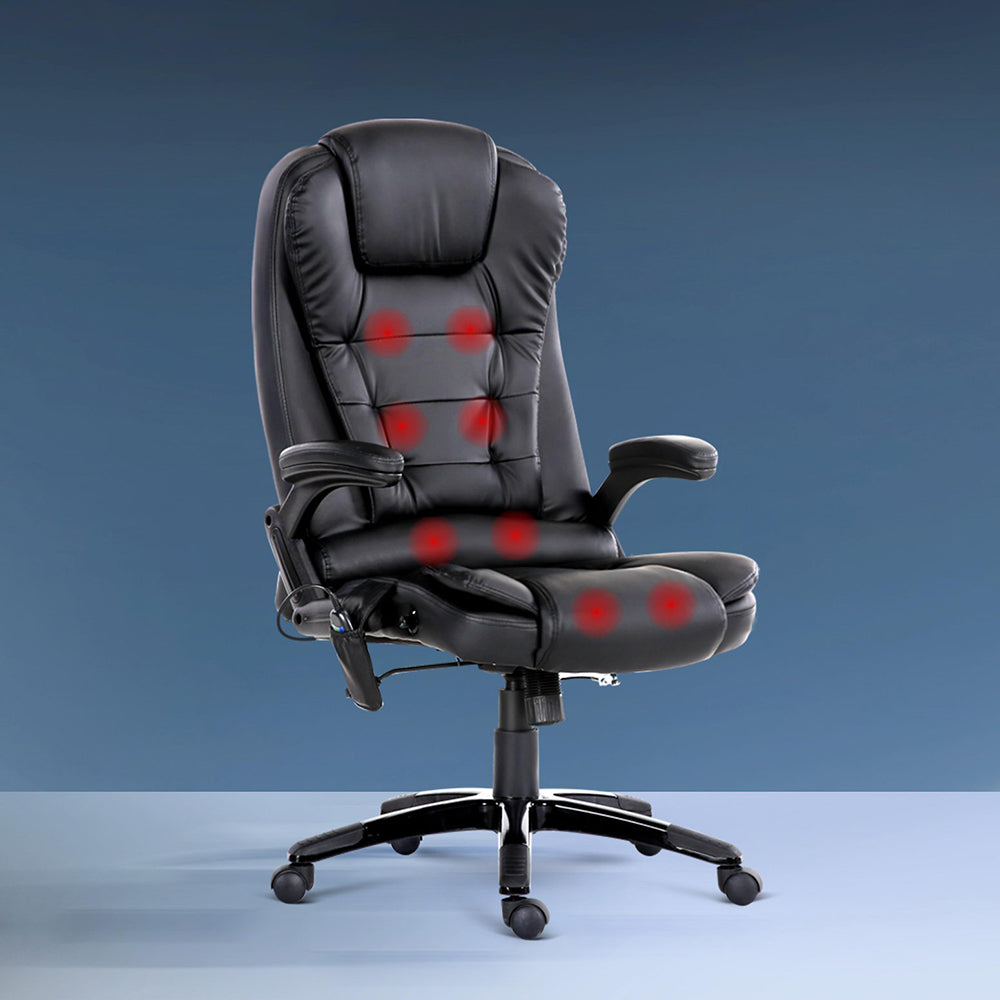 Fitlybuy Ulrich black leather office chair with 8 heated massage zones highlighted in red, on a blue studio background.