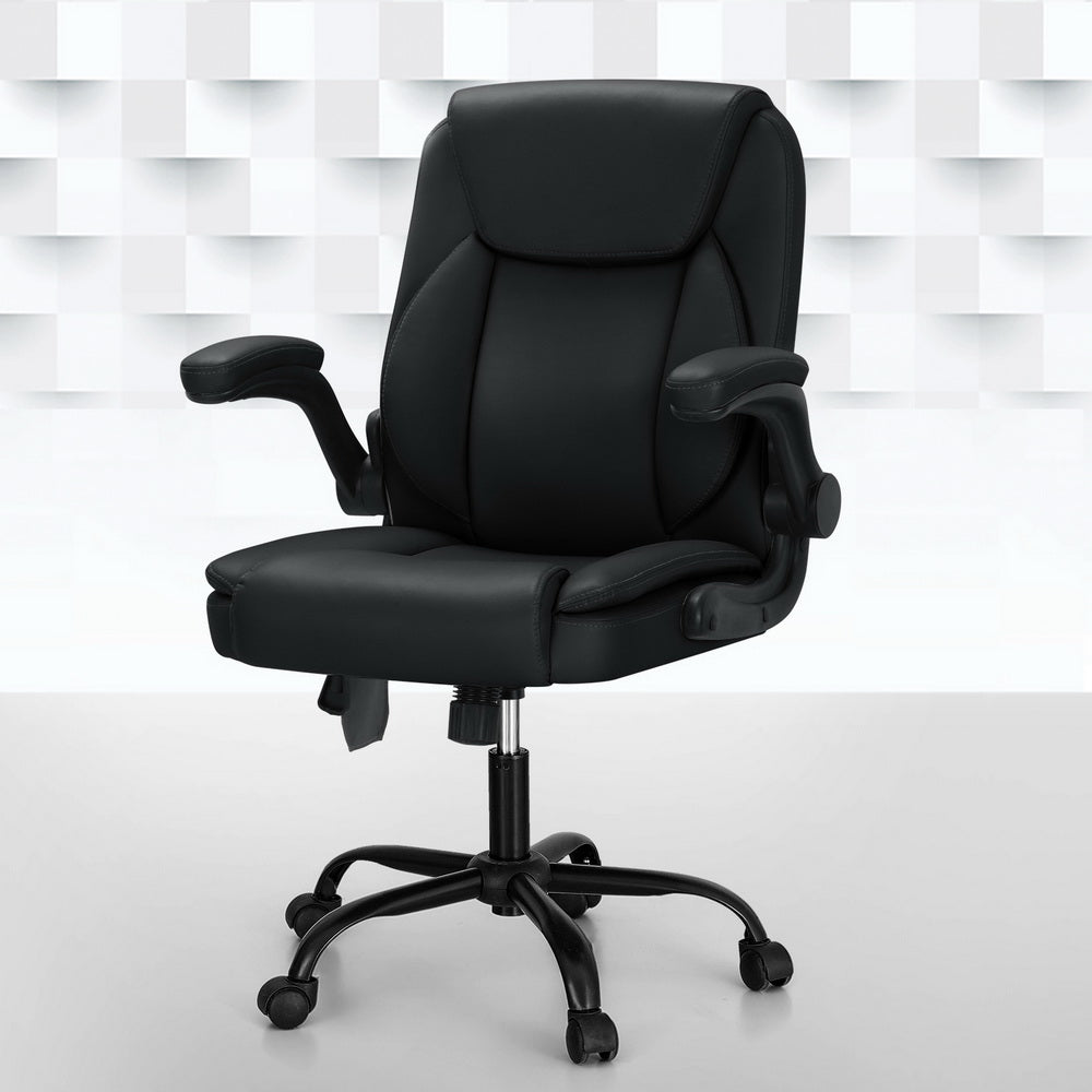 Black Fitlybuy 2-point massage office chair with ergonomic padded seat, flip-up arms, and a 5-wheel swivel base.