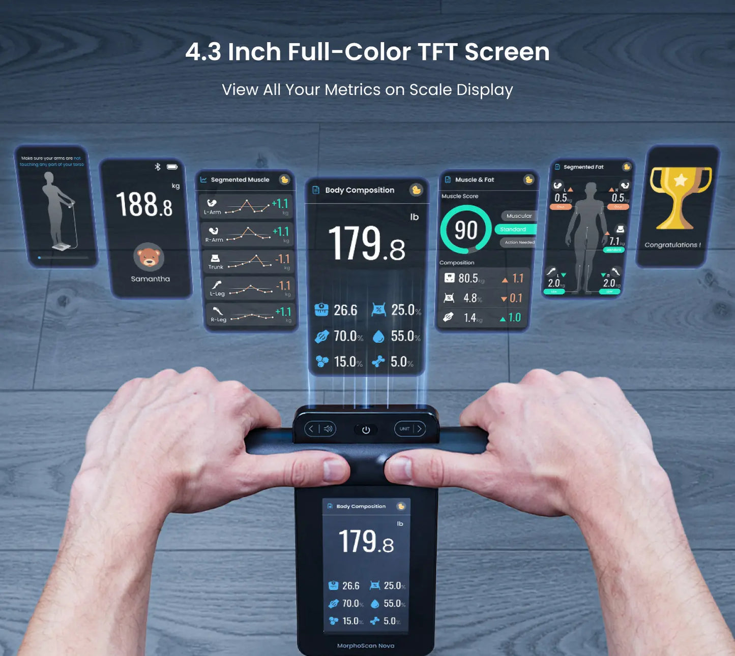 Fitlybuy MorphoScan Nova body composition scale with 4.3" color display showing detailed health metrics and body data.