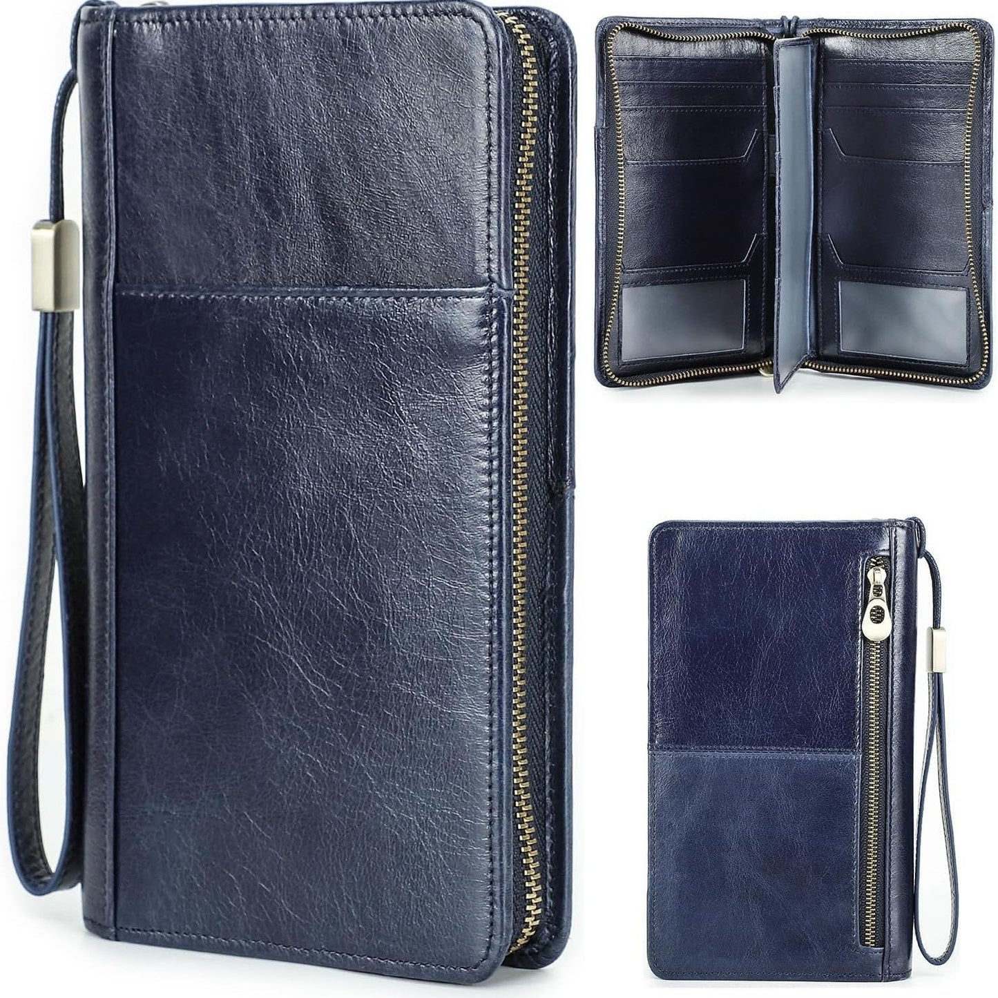 Navy blue leather travel wallet with wrist strap, zip closure, card slots, and RFID-secure technology.