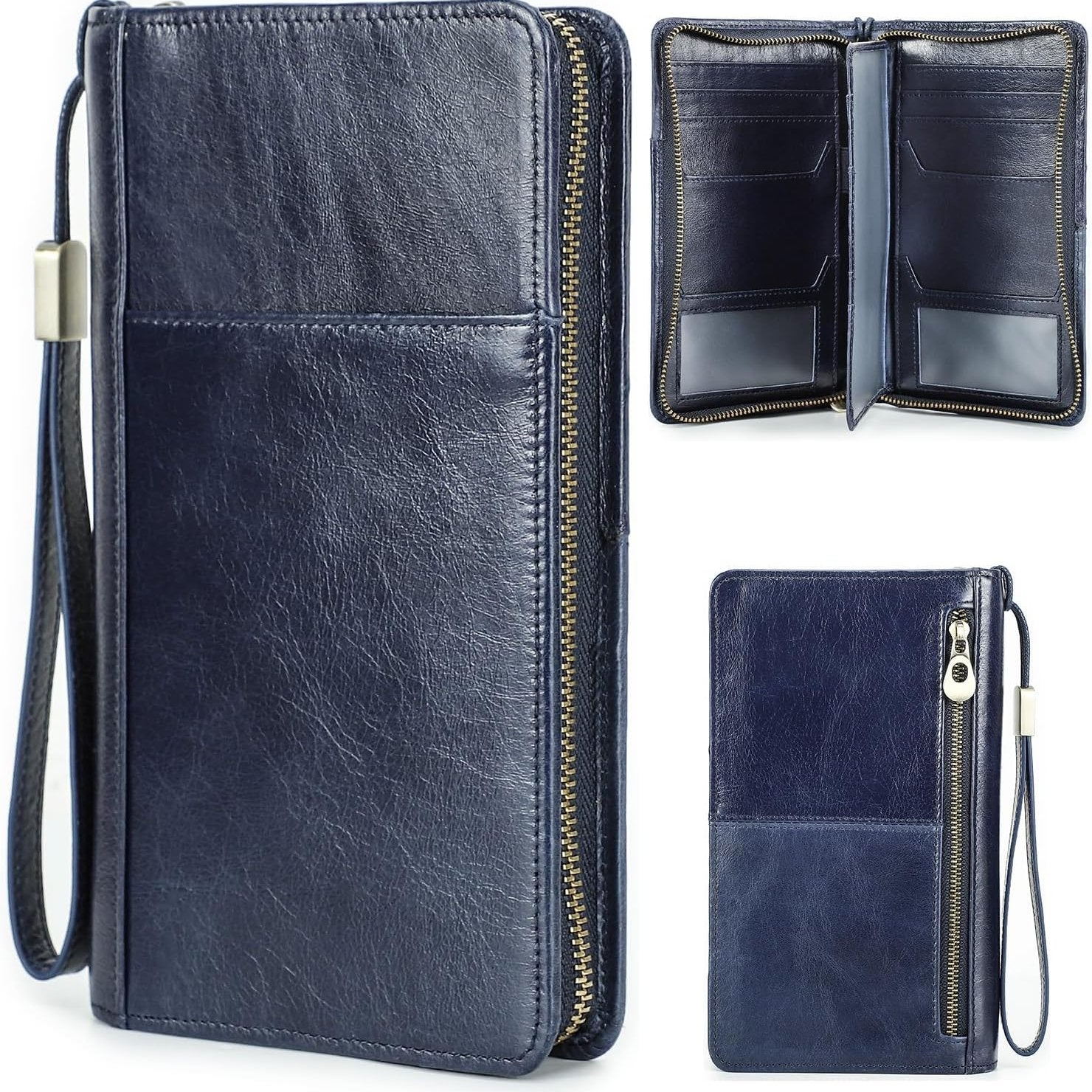 Navy blue leather travel wallet with wrist strap, zip closure, card slots, and RFID-secure technology.