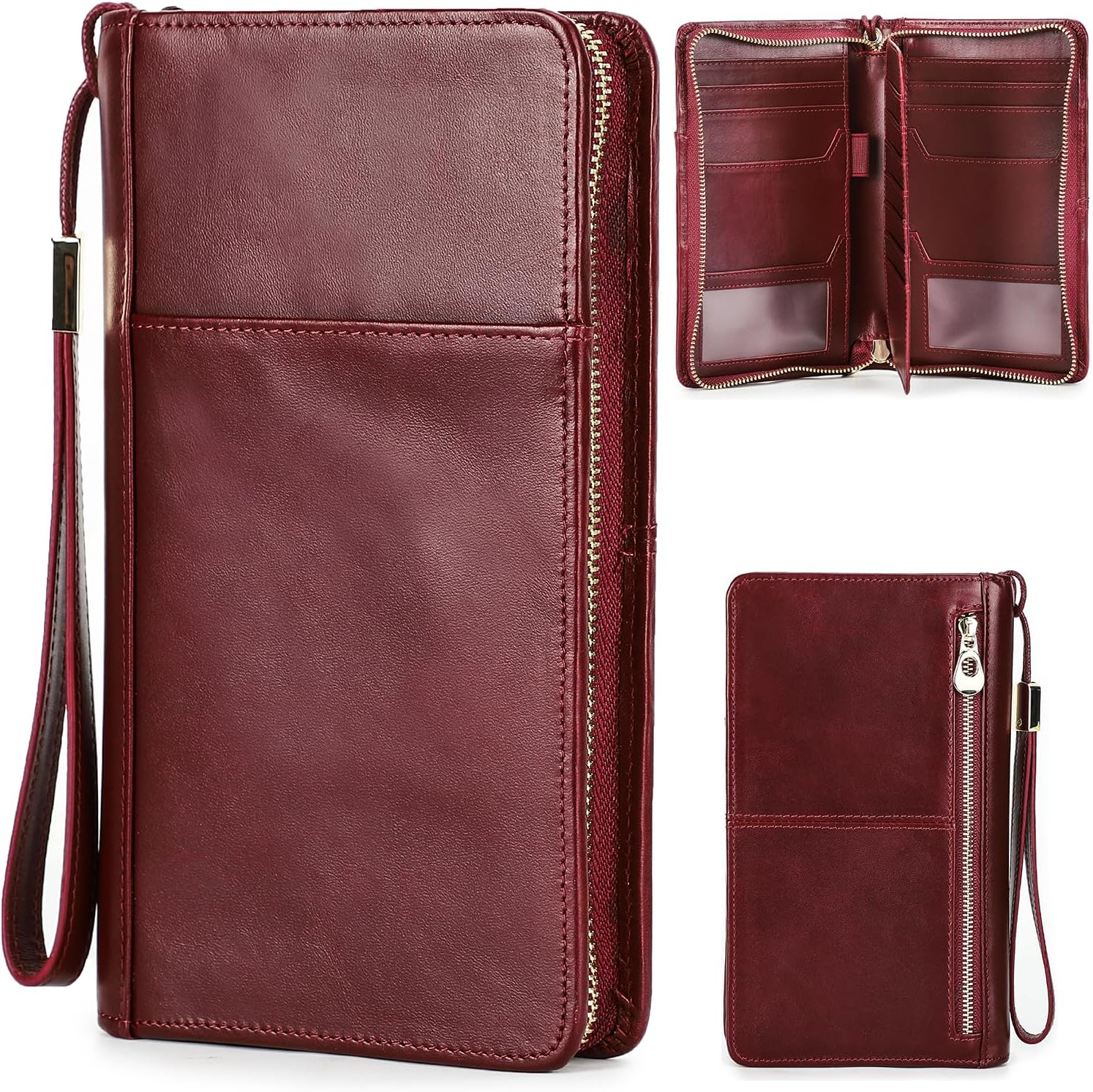 Burgundy luxury top grain leather RFID passport holder with wrist strap, showing exterior and interior card slots.