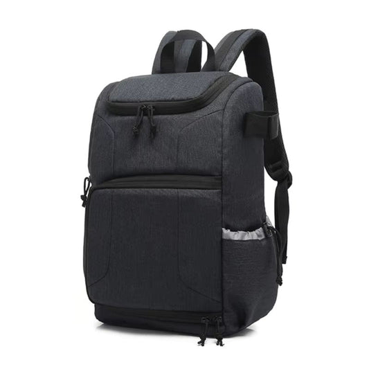 Dark gray Fitlybuy Beckett waterproof camera backpack with multiple zippered compartments and a side mesh pocket.