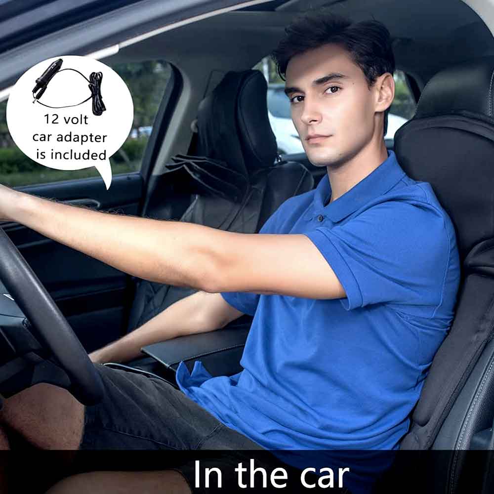 Man sits in a car using a black Fitlybuy 8-mode heated massage chair pad, featuring a 12V adapter for vehicle use.