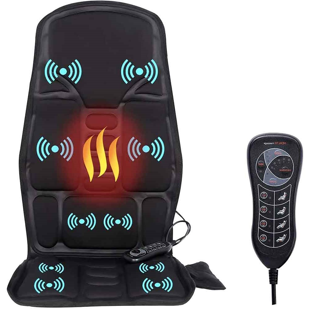 Black Fitlybuy 8-mode heated massage chair pad with blue vibration icons, central heat graphic, and remote controller.