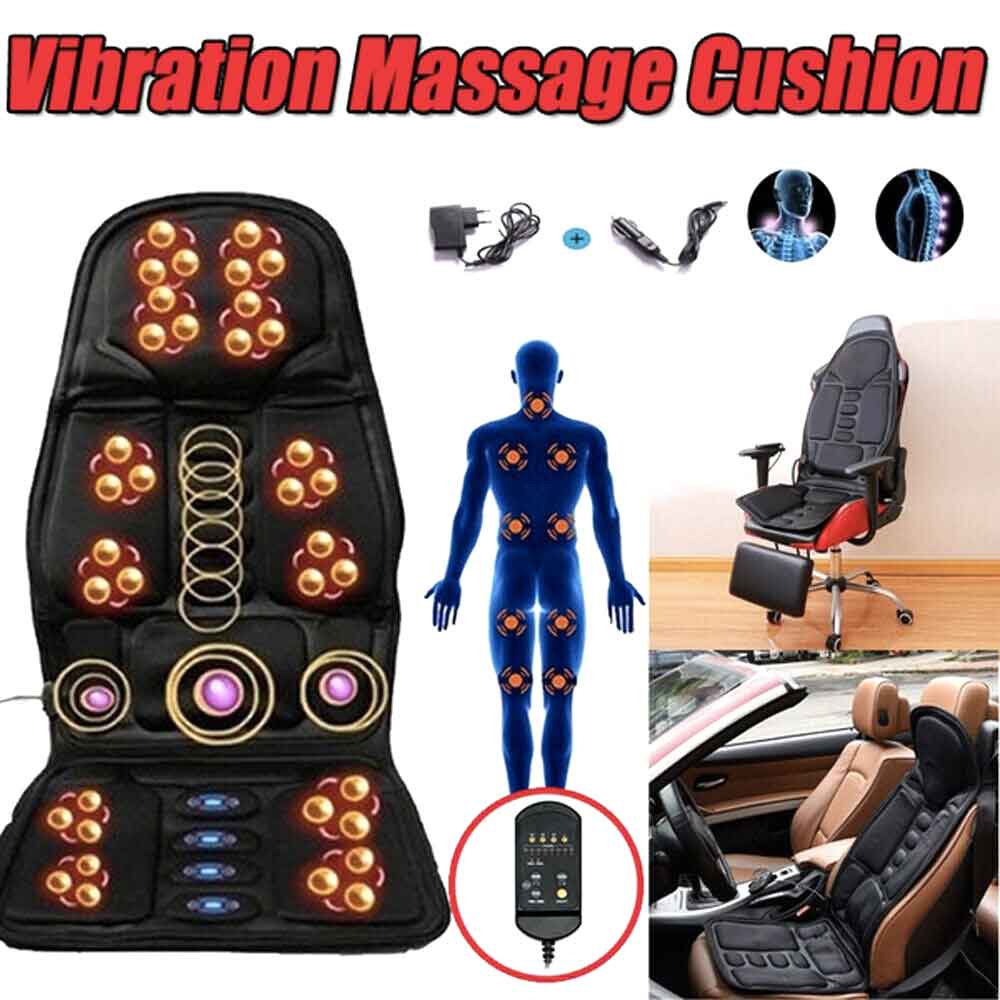 Black Fitlybuy 8-mode heated massage chair pad with glowing nodes, remote, home/car usage, and body relaxation mapping.