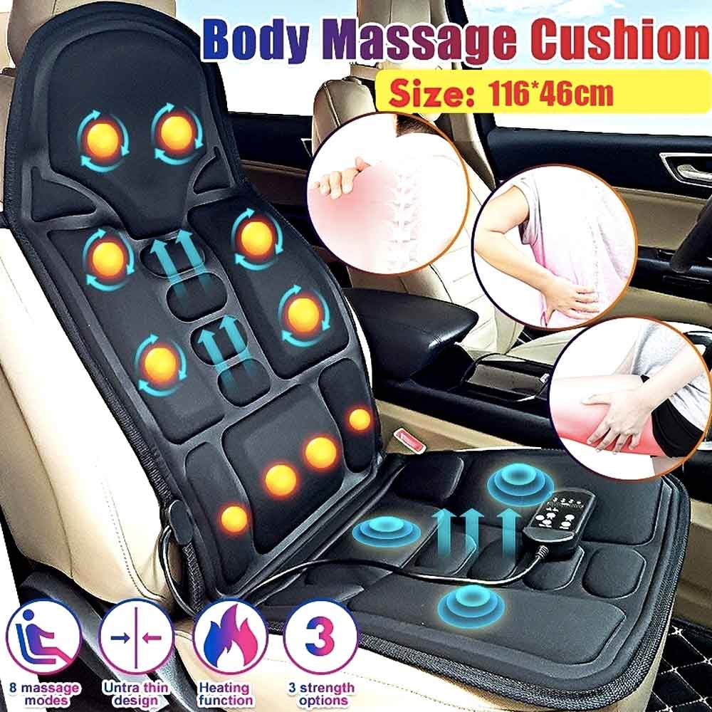 Black Fitlybuy heated massage chair pad with 8 modes, seat vibration, and heat nodes, installed in a car seat.