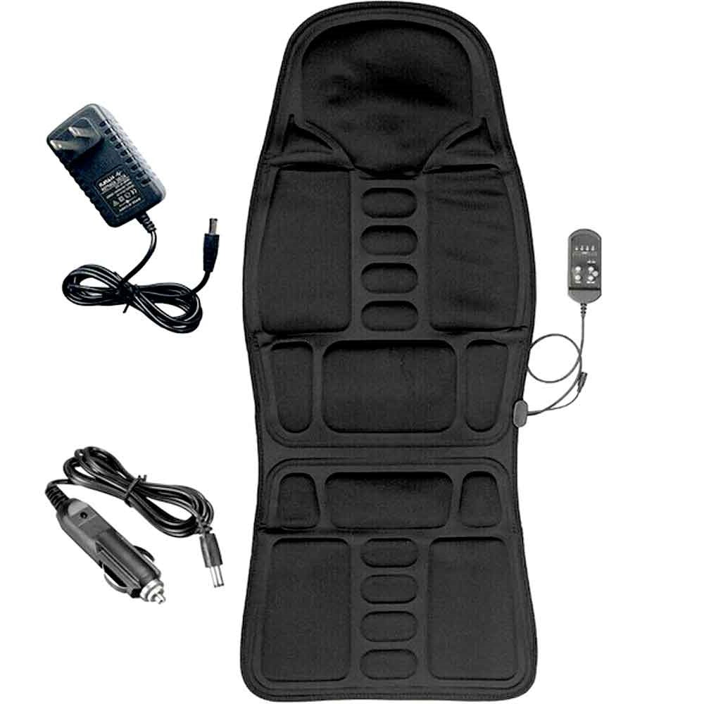Black Fitlybuy 8-mode heated massage chair pad with remote, wall adapter, and car charger on a white background.