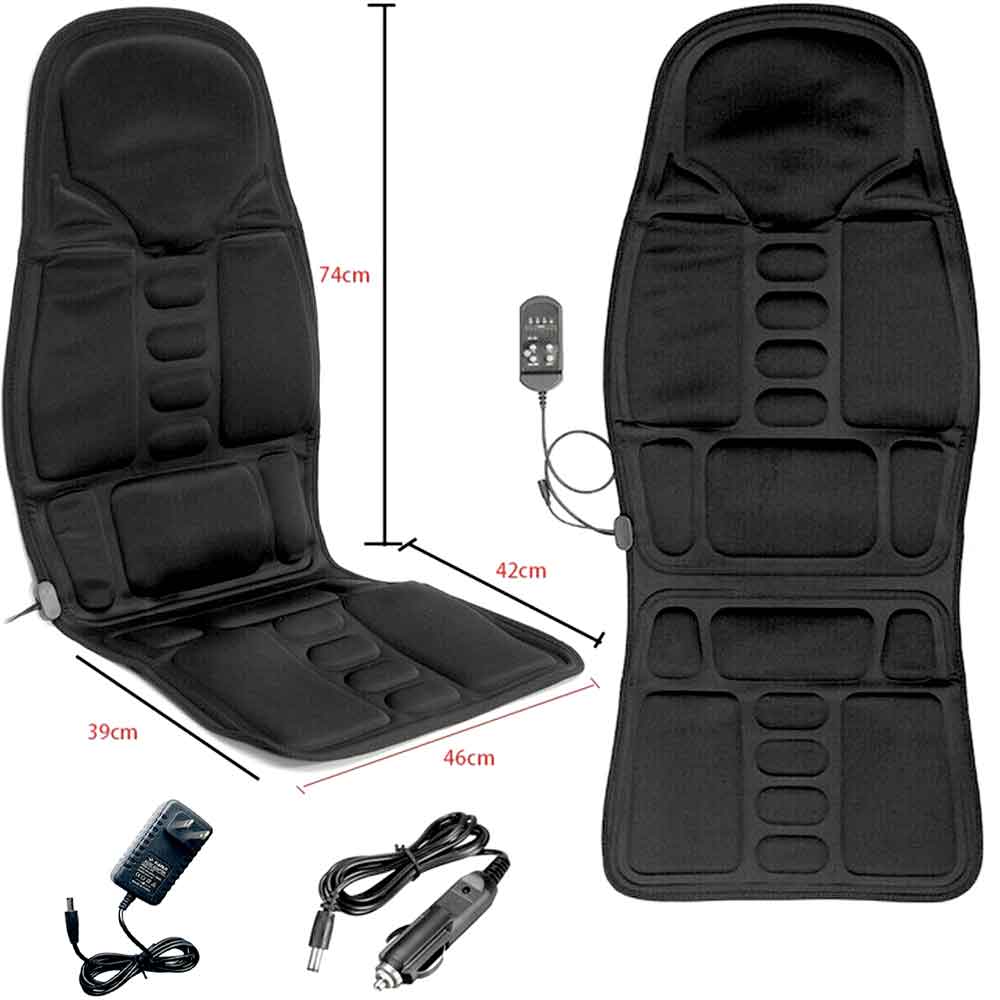 Black Fitlybuy 8-mode heated massage chair pad with remote, power adapters, and dimensions shown in a white background.