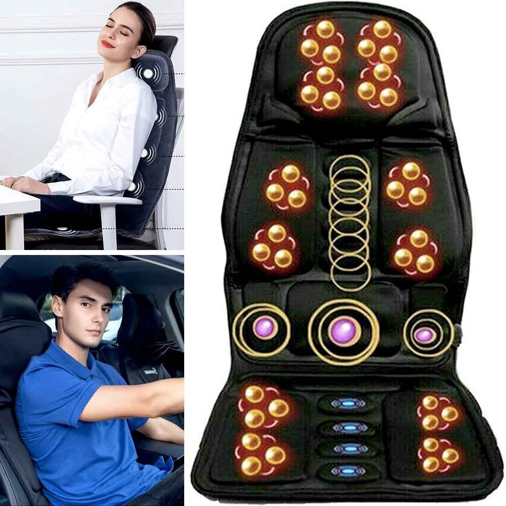 Fitlybuy black heated massage chair pad with gold nodes and 8 modes for office or car use to relieve body tension.