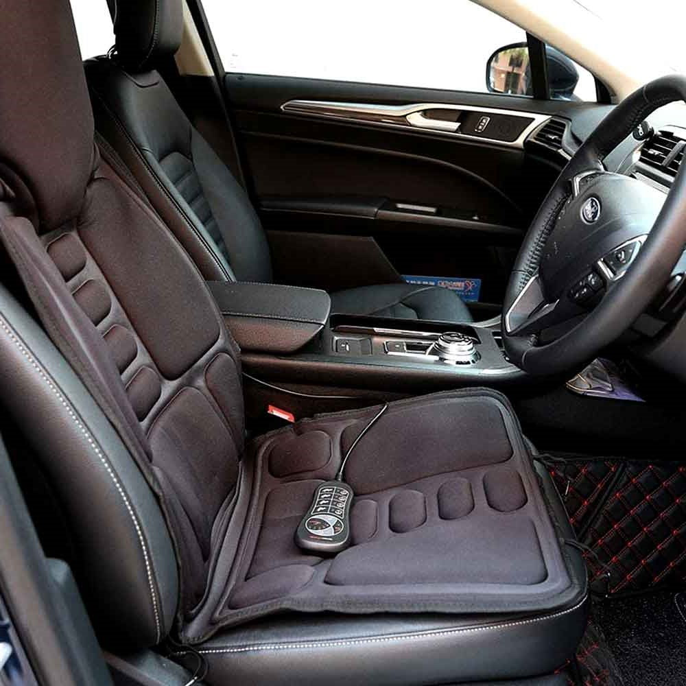Black Fitlybuy heated massage chair pad with remote control, installed on a car seat for full-body relaxation.