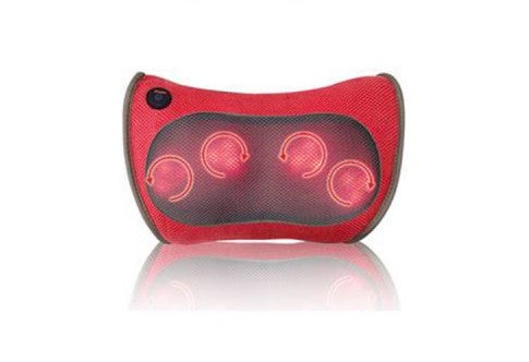 Red Fitlybuy ergonomic massage pillow with four glowing circular massage nodes and a power button, white background.