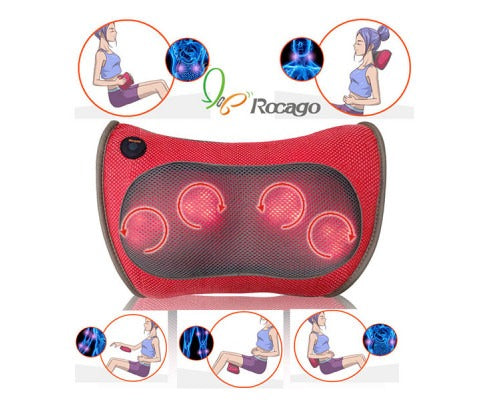 Fitlybuy red ergonomic massage pillow with four heated rotating nodes, shown in use for back, neck, and leg massage.