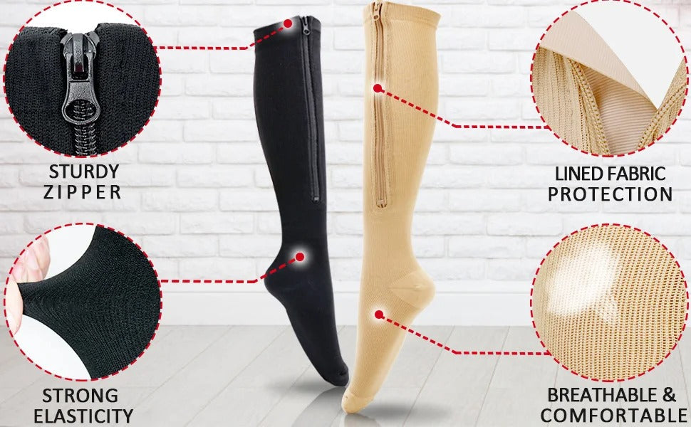 Fitlybuy black and beige compression socks with side zippers, showing fabric elasticity and protective lining details.