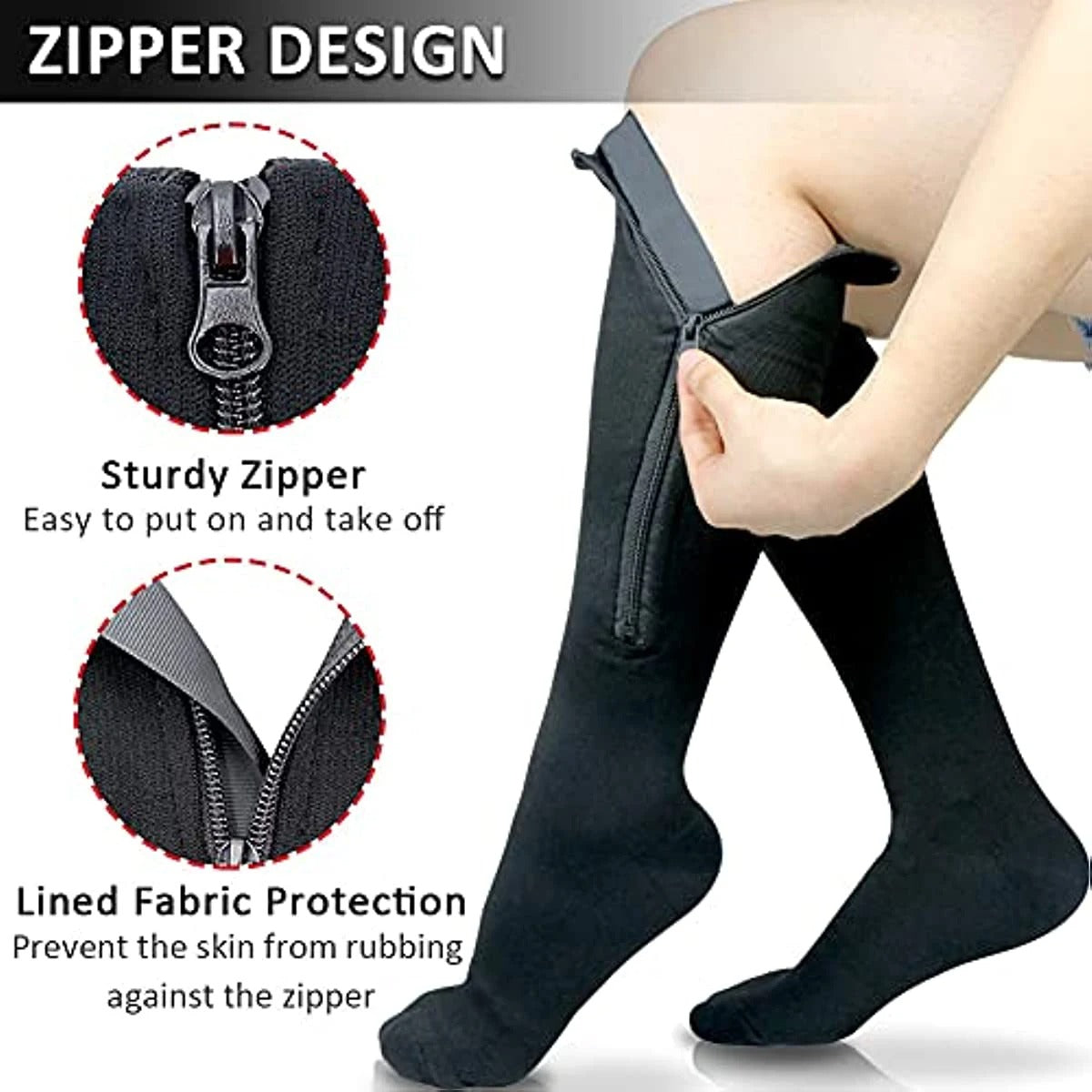 Black Fitlybuy compression socks featuring a sturdy side zipper and protective fabric lining for easy wear.