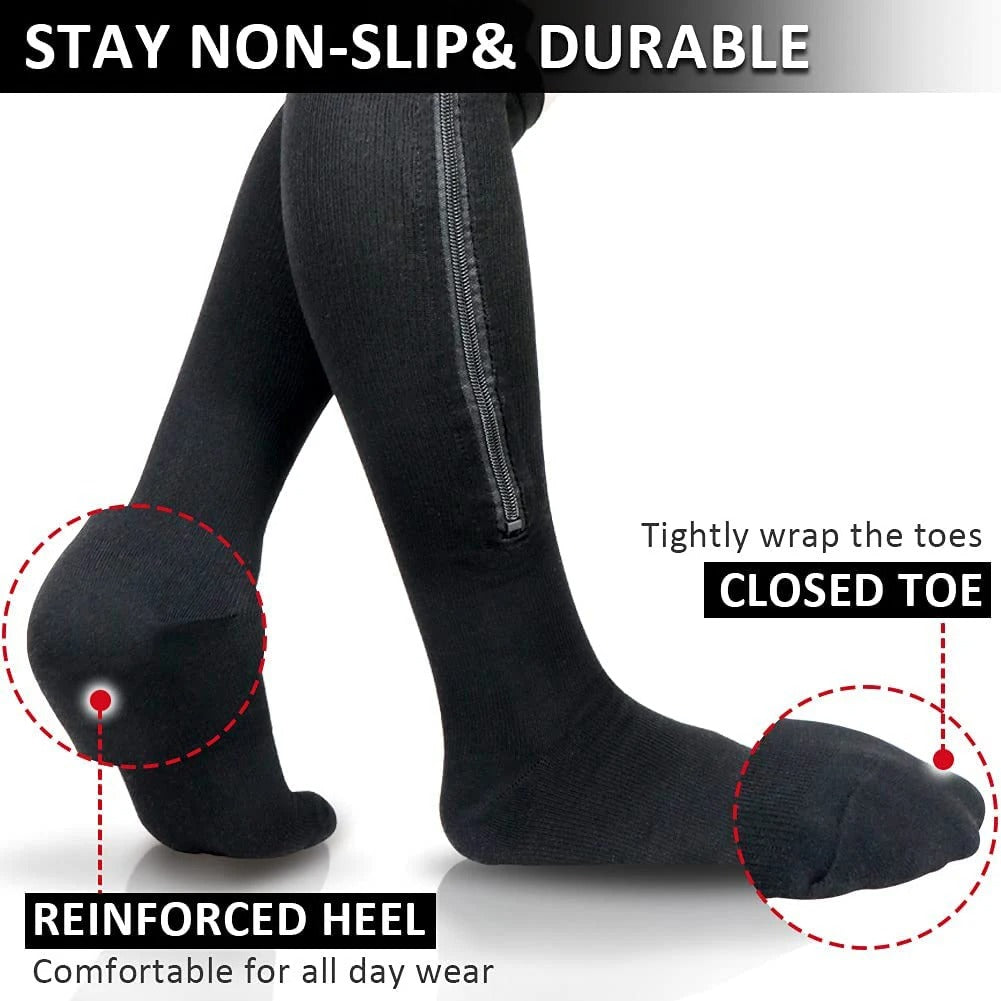 Black Fitlybuy compression socks featuring a side zipper, reinforced heel, and closed-toe design for daily support.
