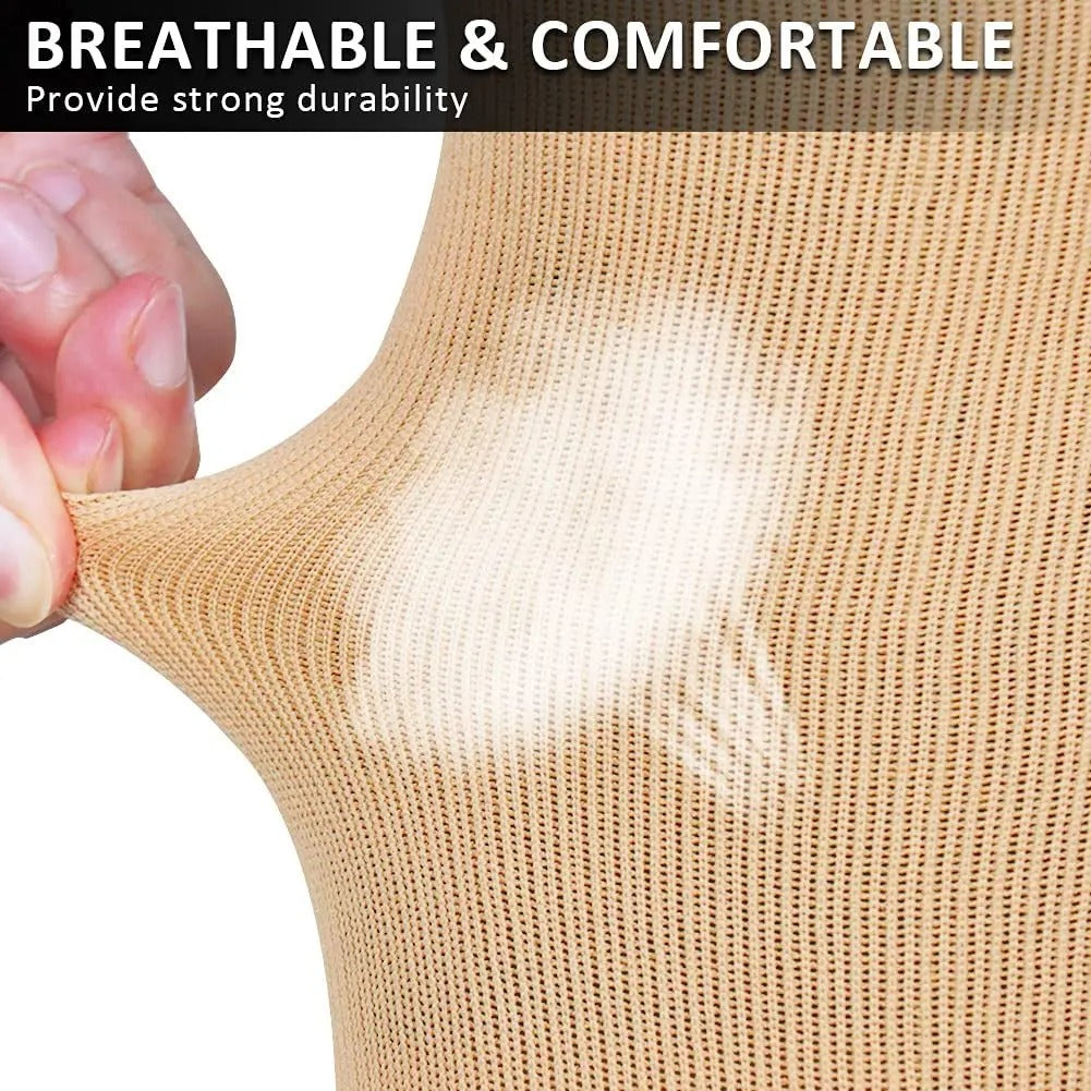 Close-up of a stretchy, beige Fitlybuy medical compression sock being pulled, showing breathable, durable fabric texture.