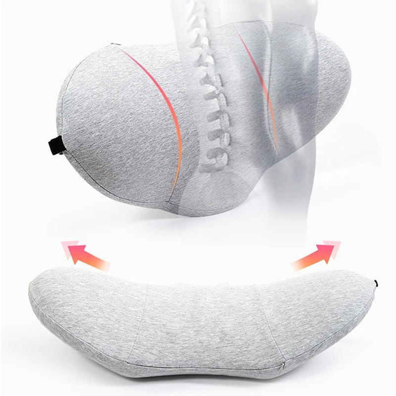 Grey Fitlybuy memory foam lumbar pillow with an ergonomic curved design for spine support, isolated on white.