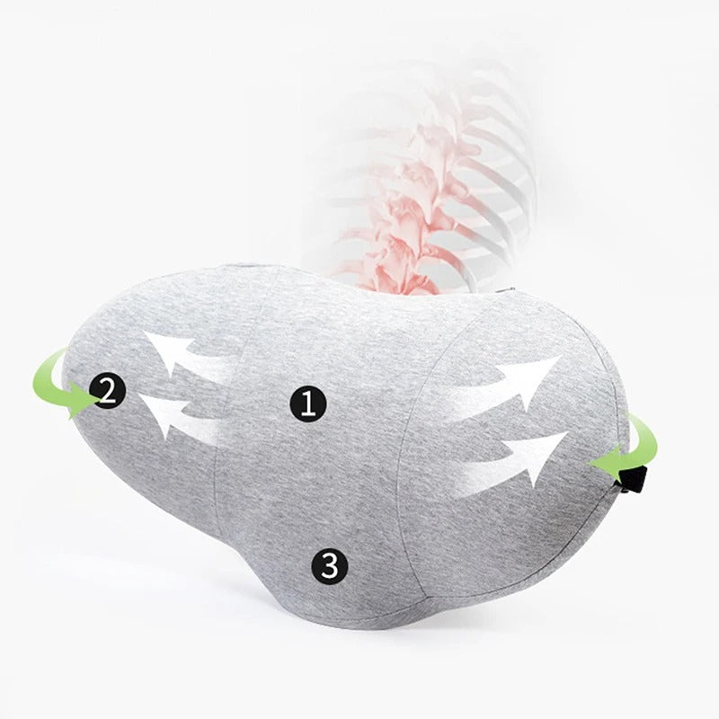 Fitlybuy grey memory foam lumbar pillow with an ergonomic design shown supporting the spine with numbered labels.
