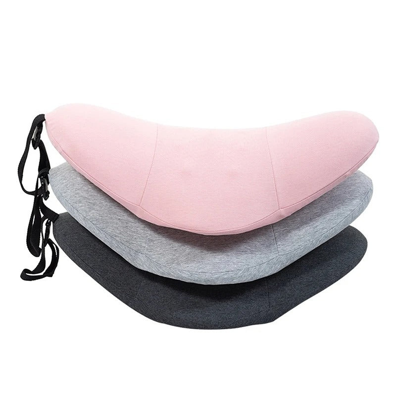 Three Fitlybuy ergonomic memory foam lumbar pillows in pink, light gray, and dark gray with adjustable black straps.