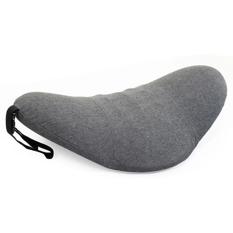 Fitlybuy grey memory foam lumbar pillow with an ergonomic curved design and an adjustable black attachment strap.
