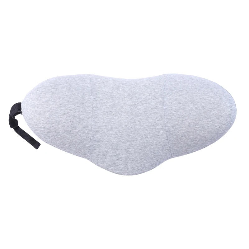 Grey Fitlybuy ergonomic memory foam lumbar pillow with a contoured shape and black side attachment strap.