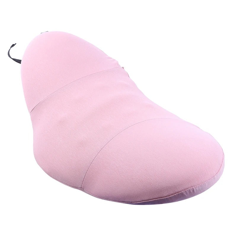 Fitlybuy pink ergonomic memory foam lumbar support pillow with a contoured, curved design on a white background.