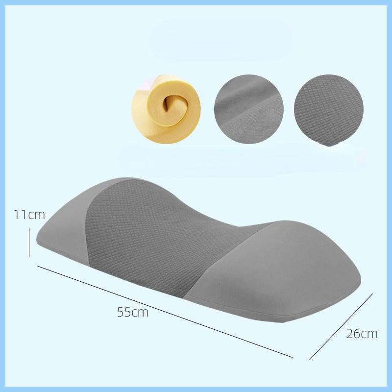 Gray Fitlybuy memory foam lumbar pillow (55x26x11cm) with textured fabric and yellow foam core detail.
