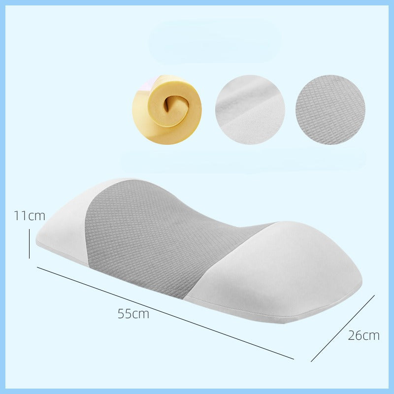 Fitlybuy lumbar memory foam pillow (55x26x11cm) with white/grey cover, detailed fabric texture, and foam roll inset.