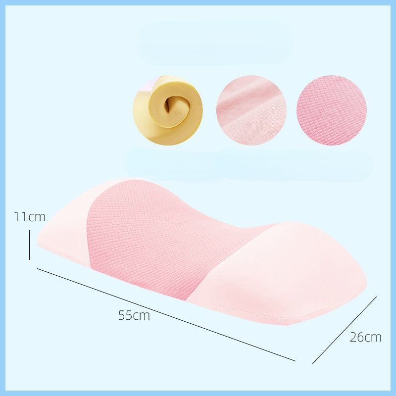 Fitlybuy pink memory foam lumbar pillow (55x26x11cm). Highlights texture, foam density, and ergonomic shape.