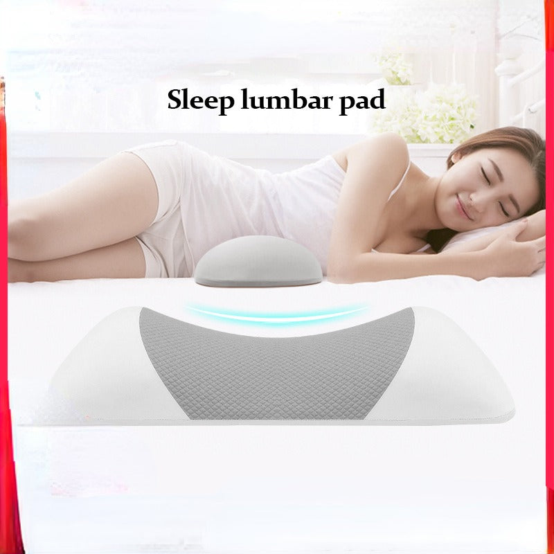 Fitlybuy memory foam lumbar support pillow in white and grey, shown placed under a woman sleeping on her side.