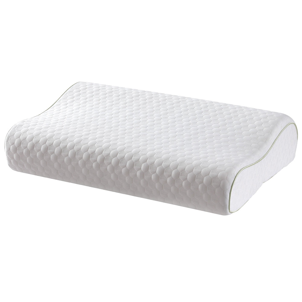 White Fitlybuy contoured memory foam neck pillow with a textured honeycomb cover and light green piping on white.