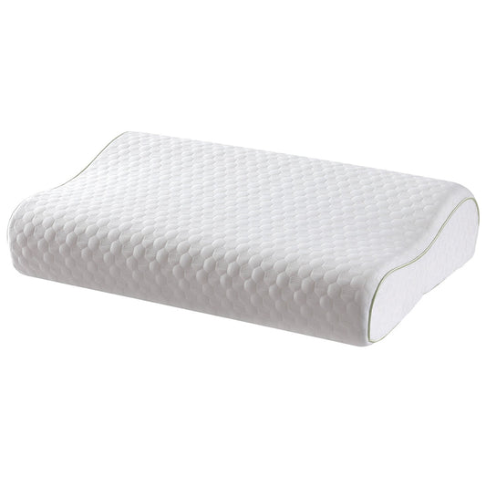 White Fitlybuy contoured memory foam neck pillow with a textured honeycomb cover and light green piping on white.